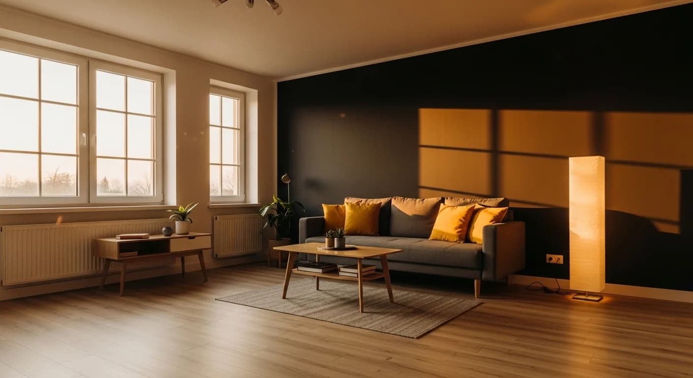 Salon z ciemną ścianą